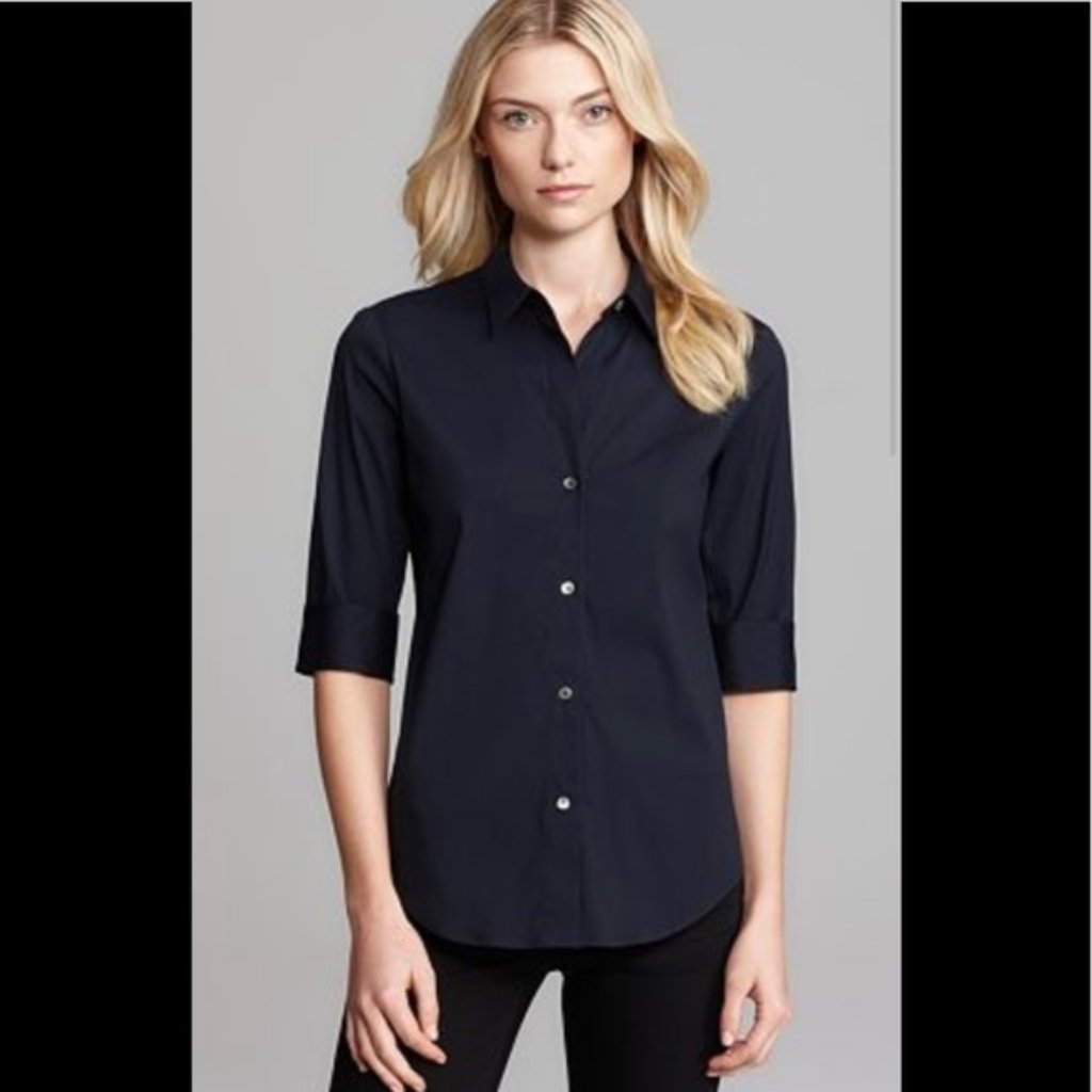 New Theory Dallisa Luxe Top Button Up Black Blouse Shirt